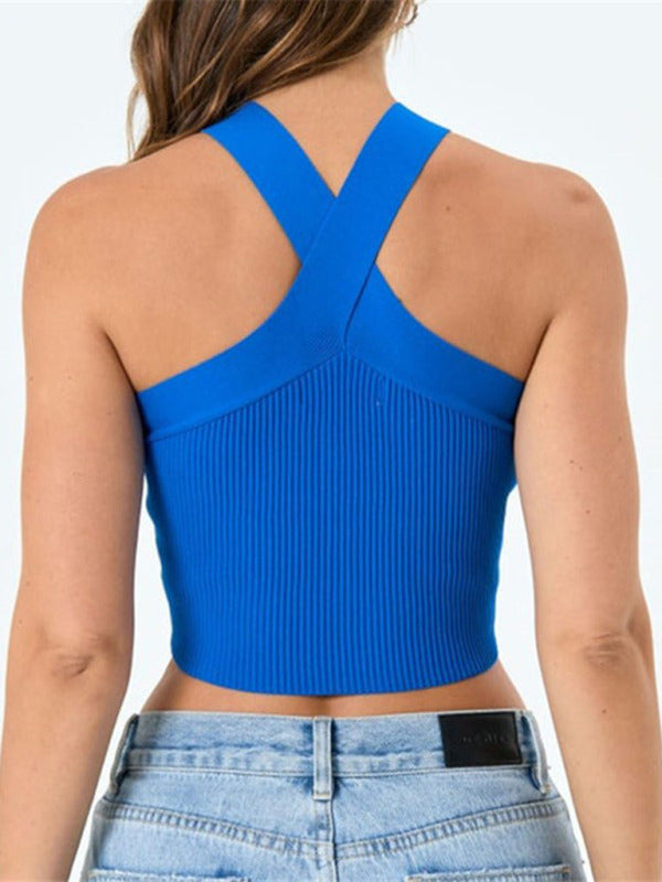 Katia New Style Cross Hanging Neck Strap Small Vest Knitted Backless Bandage Tube Top Sweater