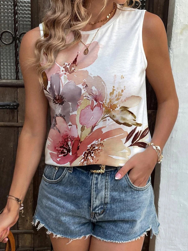 Kalani Women's Summer New Positioning Painted Flowers Fashion Vest Casual Tops