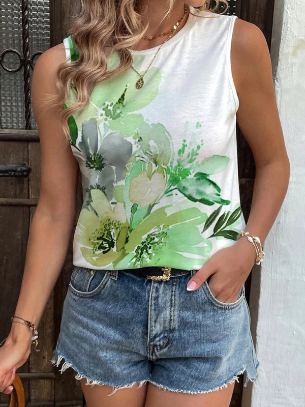 Kalani Women's Summer New Positioning Painted Flowers Fashion Vest Casual Tops