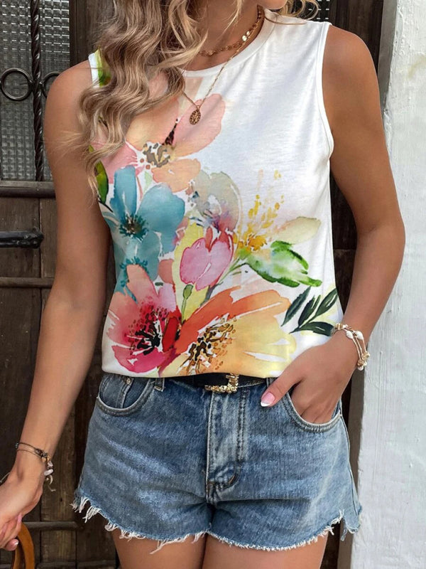 Kalani Women's Summer New Positioning Painted Flowers Fashion Vest Casual Tops