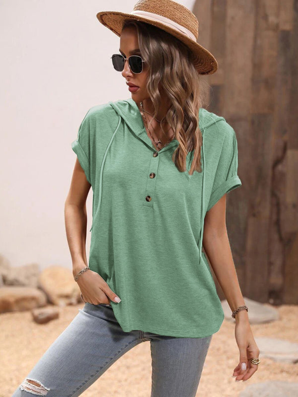 Kaydence Women's Solid Color Loose Hooded Button Short Sleeve Top