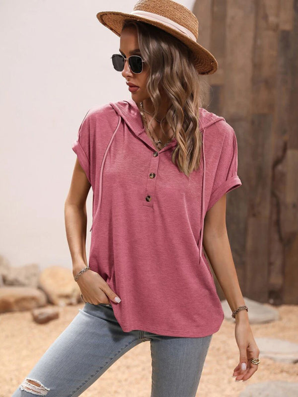 Kaydence Women's Solid Color Loose Hooded Button Short Sleeve Top