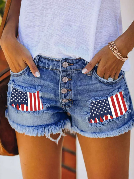 Alianna Button-Breasted Printed Patch Denim Shorts With Ripped Fringed Hot Pants