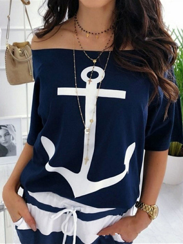 Jenna Casual Loose One-Shoulder Bat Shirt Print T-Shirt