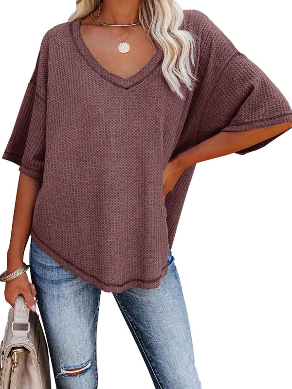 Kristy New V Neck Dolman Sleeve Waffle Knit Loose Solid Color Short Sleeve T-Shirt