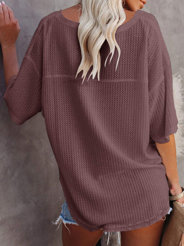 Kristy New V Neck Dolman Sleeve Waffle Knit Loose Solid Color Short Sleeve T-Shirt