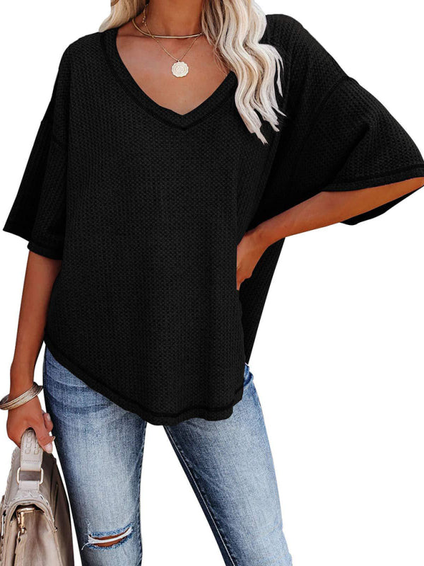 Kristy New V Neck Dolman Sleeve Waffle Knit Loose Solid Color Short Sleeve T-Shirt