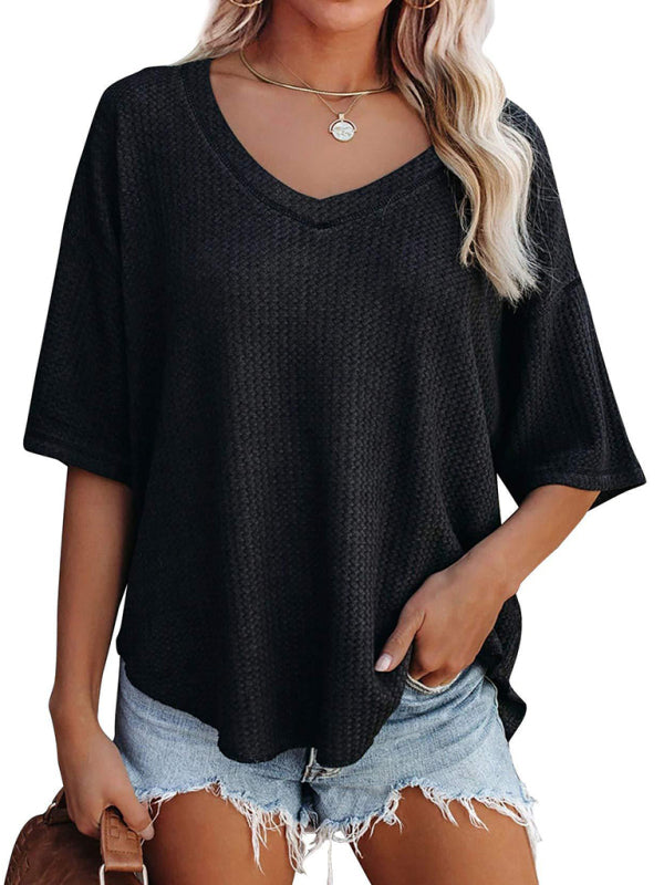 Kristy New V Neck Dolman Sleeve Waffle Knit Loose Solid Color Short Sleeve T-Shirt