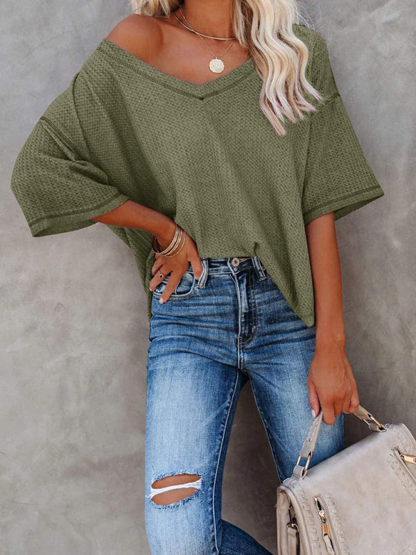 Kristy New V Neck Dolman Sleeve Waffle Knit Loose Solid Color Short Sleeve T-Shirt