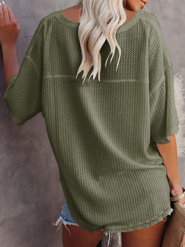 Kristy New V Neck Dolman Sleeve Waffle Knit Loose Solid Color Short Sleeve T-Shirt