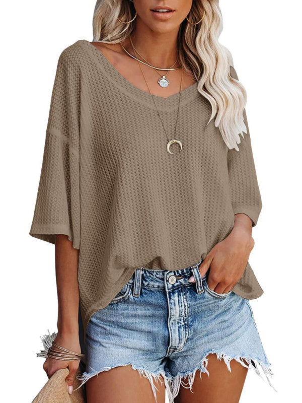 Kristy New V Neck Dolman Sleeve Waffle Knit Loose Solid Color Short Sleeve T-Shirt