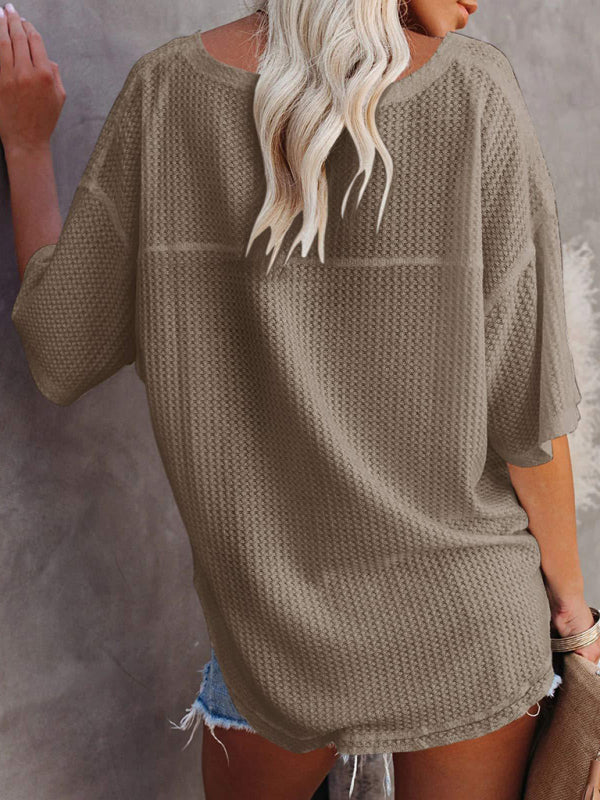 Kristy New V Neck Dolman Sleeve Waffle Knit Loose Solid Color Short Sleeve T-Shirt