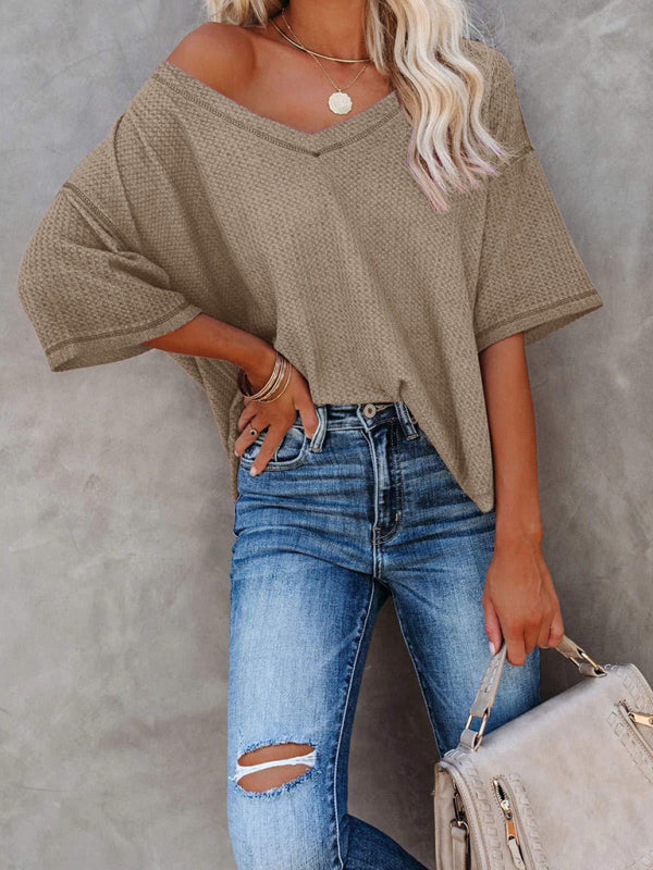 Kristy New V Neck Dolman Sleeve Waffle Knit Loose Solid Color Short Sleeve T-Shirt