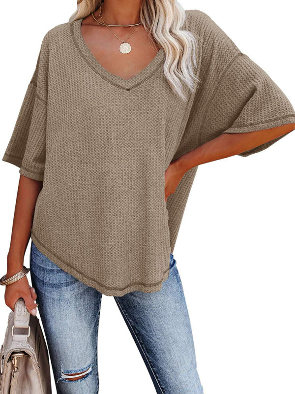 Kristy New V Neck Dolman Sleeve Waffle Knit Loose Solid Color Short Sleeve T-Shirt