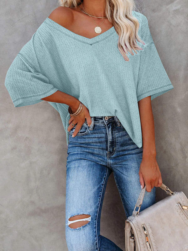 Kristy New V Neck Dolman Sleeve Waffle Knit Loose Solid Color Short Sleeve T-Shirt