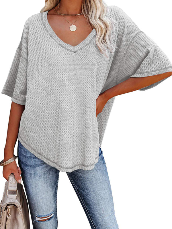 Kristy New V Neck Dolman Sleeve Waffle Knit Loose Solid Color Short Sleeve T-Shirt