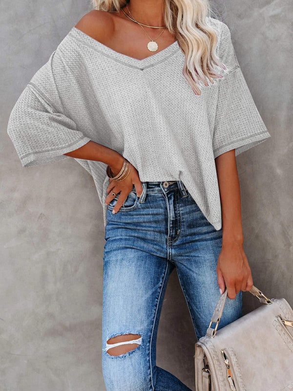 Kristy New V Neck Dolman Sleeve Waffle Knit Loose Solid Color Short Sleeve T-Shirt