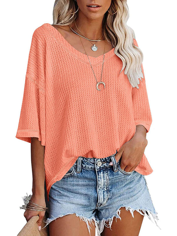 Kristy New V Neck Dolman Sleeve Waffle Knit Loose Solid Color Short Sleeve T-Shirt