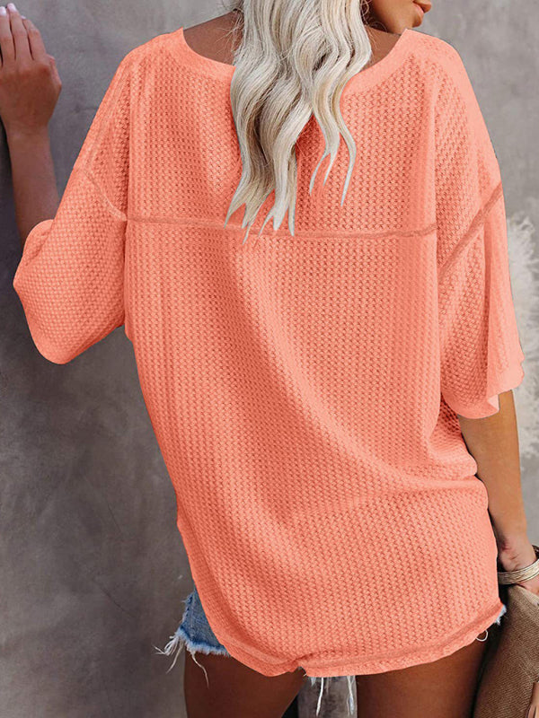 Kristy New V Neck Dolman Sleeve Waffle Knit Loose Solid Color Short Sleeve T-Shirt