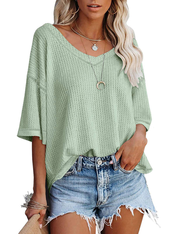 Kristy New V Neck Dolman Sleeve Waffle Knit Loose Solid Color Short Sleeve T-Shirt