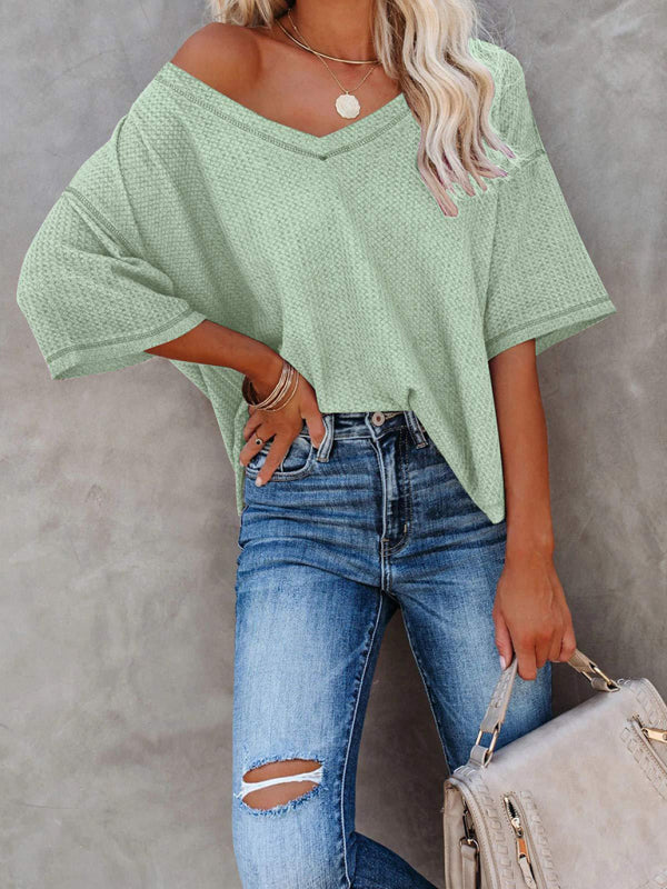 Kristy New V Neck Dolman Sleeve Waffle Knit Loose Solid Color Short Sleeve T-Shirt