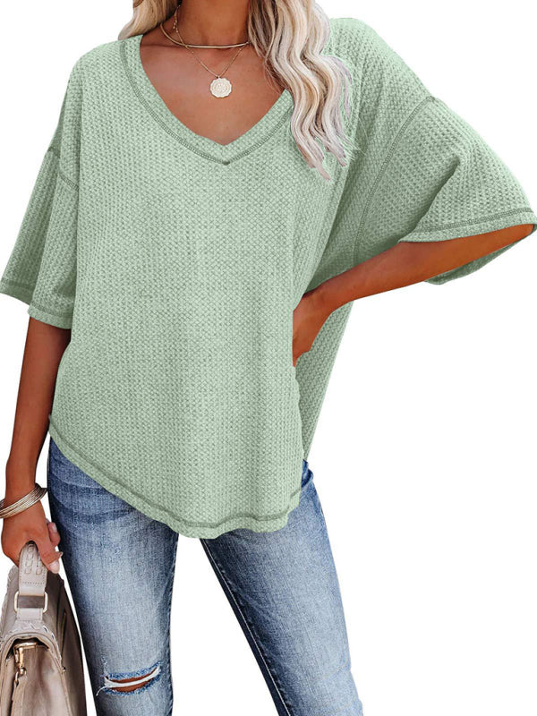 Kristy New V Neck Dolman Sleeve Waffle Knit Loose Solid Color Short Sleeve T-Shirt