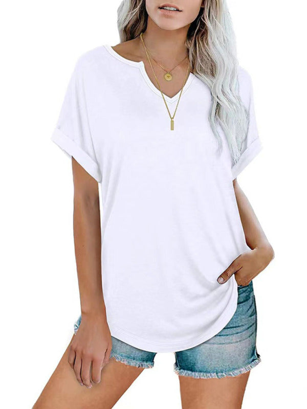 Julie Solid Color Notched Loose Neckline Loose Short-Sleeved T-Shirt For Women