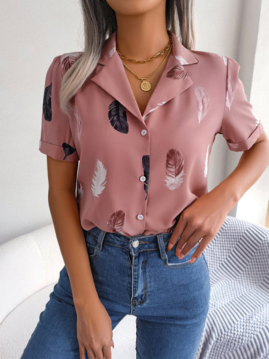 Ulyssa Women's Elegant Feather Print Loose Short Sleeve Shirt