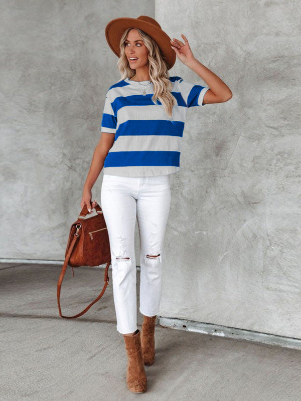 Summer Fashionable Blue And White Stripe Print Round Neck Short-Sleeved Casual T-Shirt