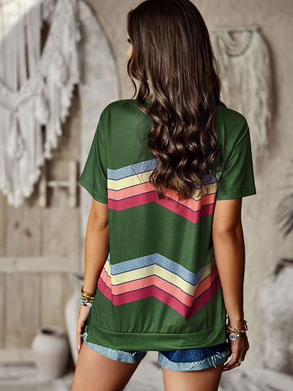 Joanna New Round Neck T-Shirt Rainbow Strip Top