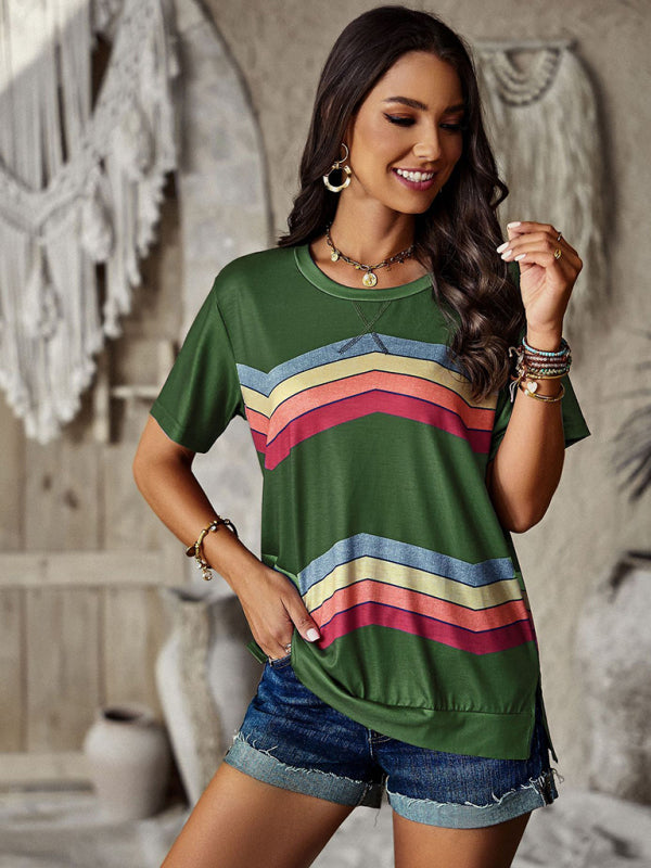 Joanna New Round Neck T-Shirt Rainbow Strip Top