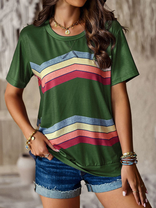 Joanna New Round Neck T-Shirt Rainbow Strip Top