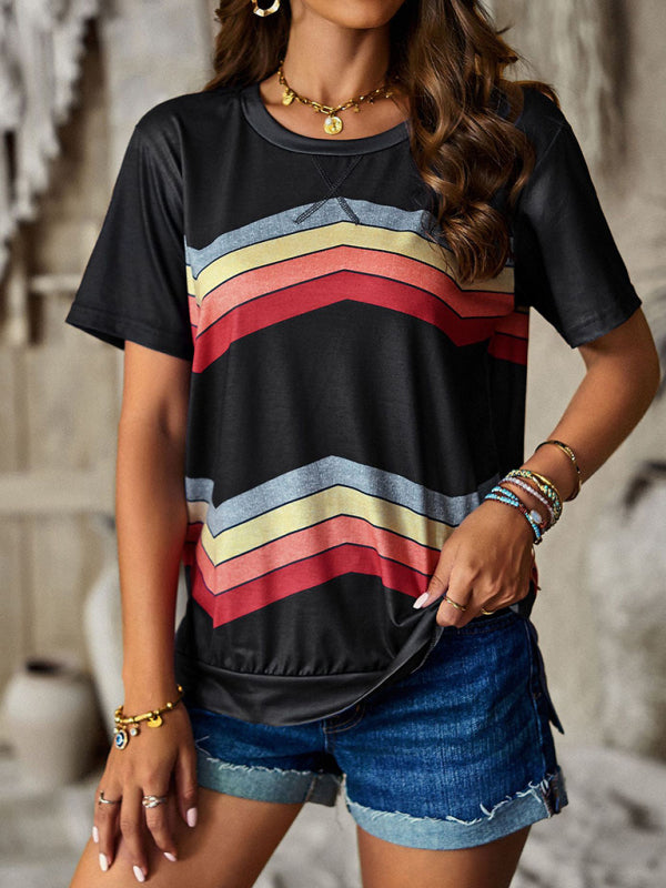 Joanna New Round Neck T-Shirt Rainbow Strip Top