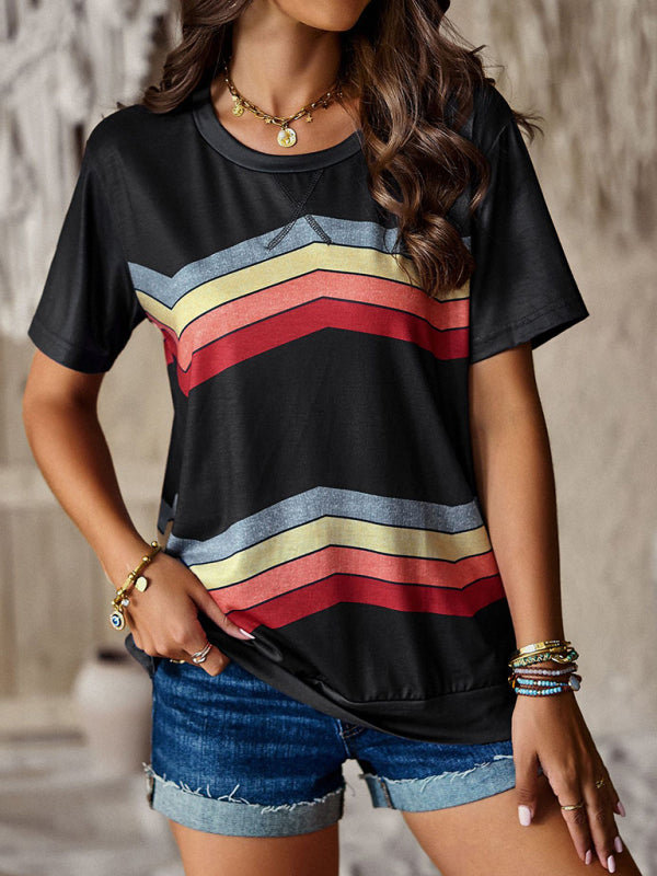 Joanna New Round Neck T-Shirt Rainbow Strip Top