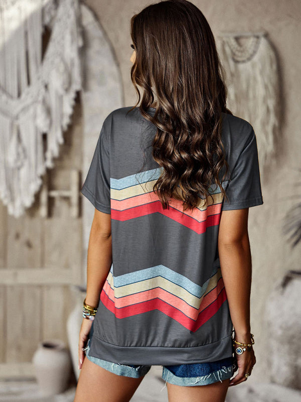 Joanna New Round Neck T-Shirt Rainbow Strip Top