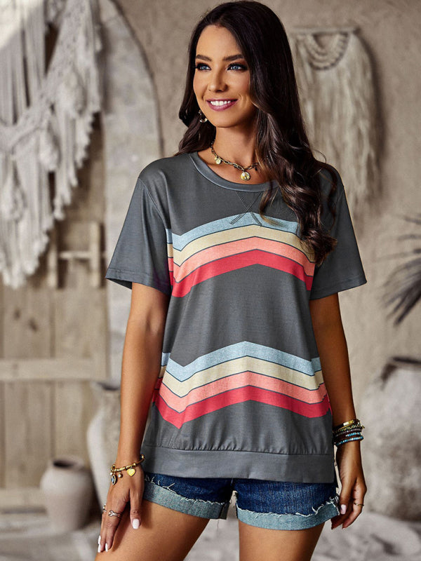 Joanna New Round Neck T-Shirt Rainbow Strip Top