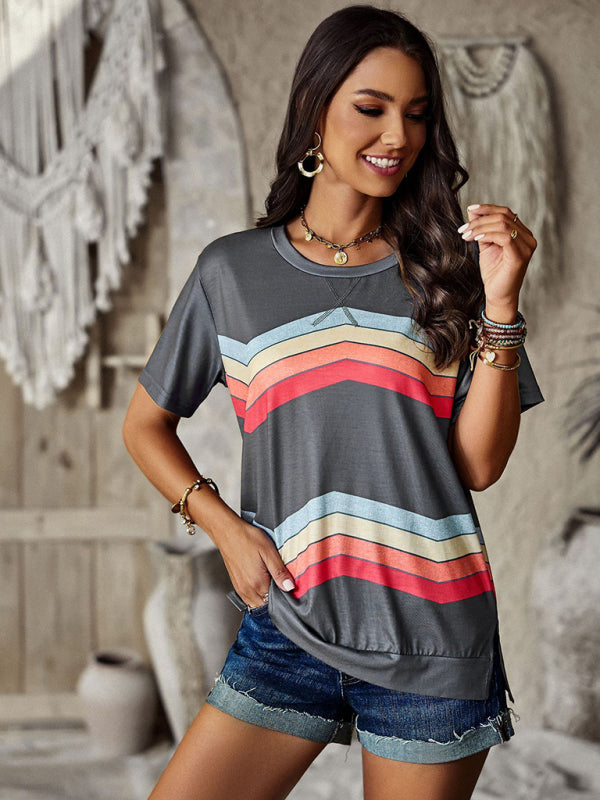 Joanna New Round Neck T-Shirt Rainbow Strip Top