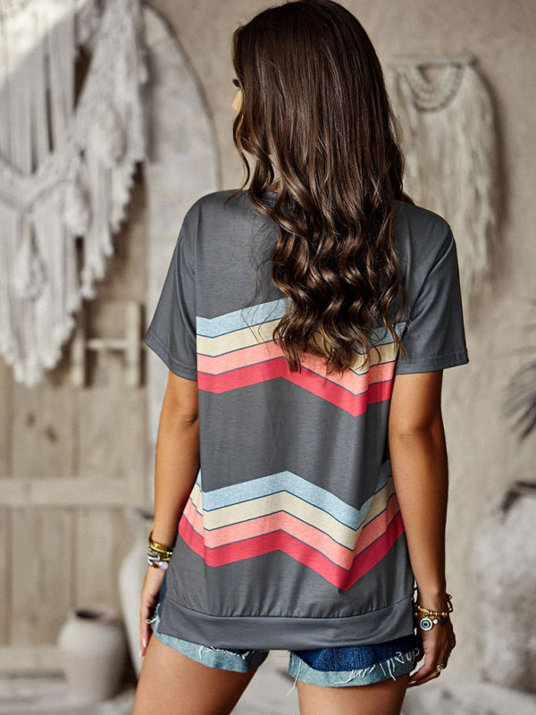 Joanna New Round Neck T-Shirt Rainbow Strip Top