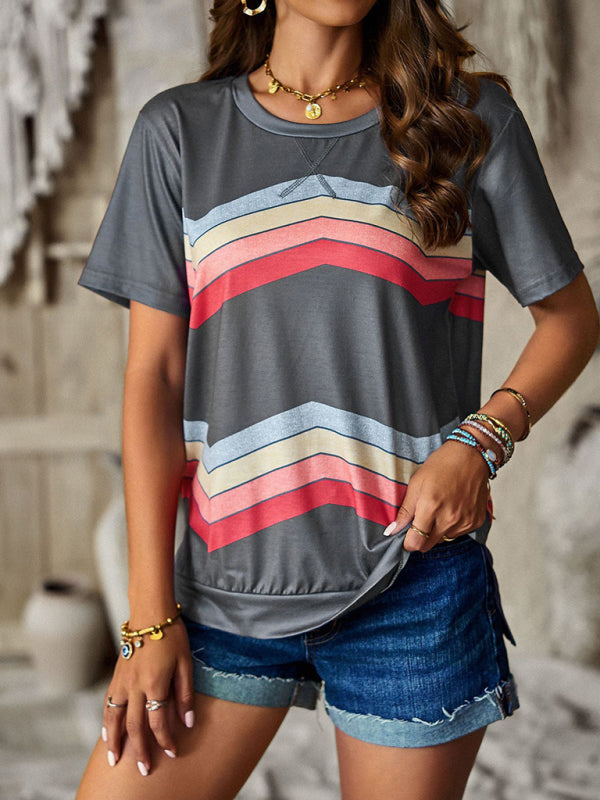 Joanna New Round Neck T-Shirt Rainbow Strip Top