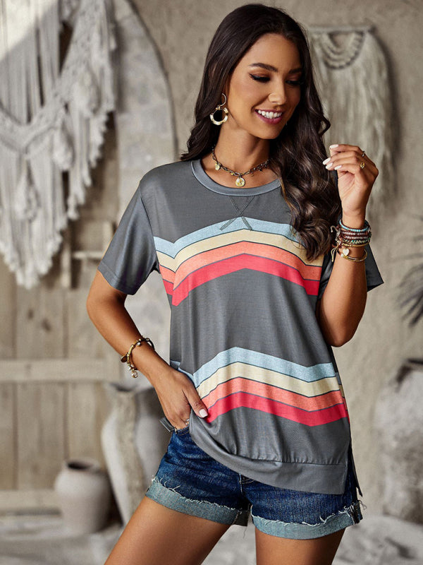 Joanna New Round Neck T-Shirt Rainbow Strip Top