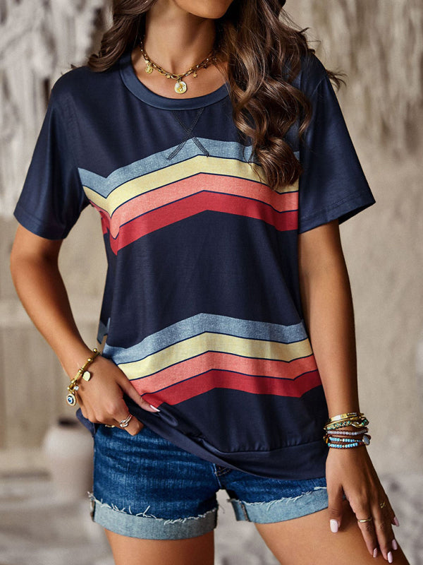 Joanna New Round Neck T-Shirt Rainbow Strip Top