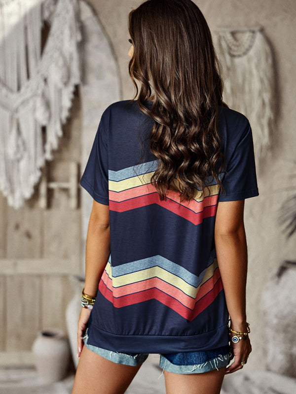 Joanna New Round Neck T-Shirt Rainbow Strip Top