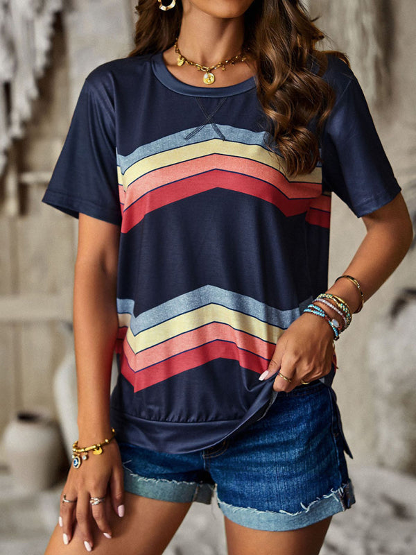 Joanna New Round Neck T-Shirt Rainbow Strip Top