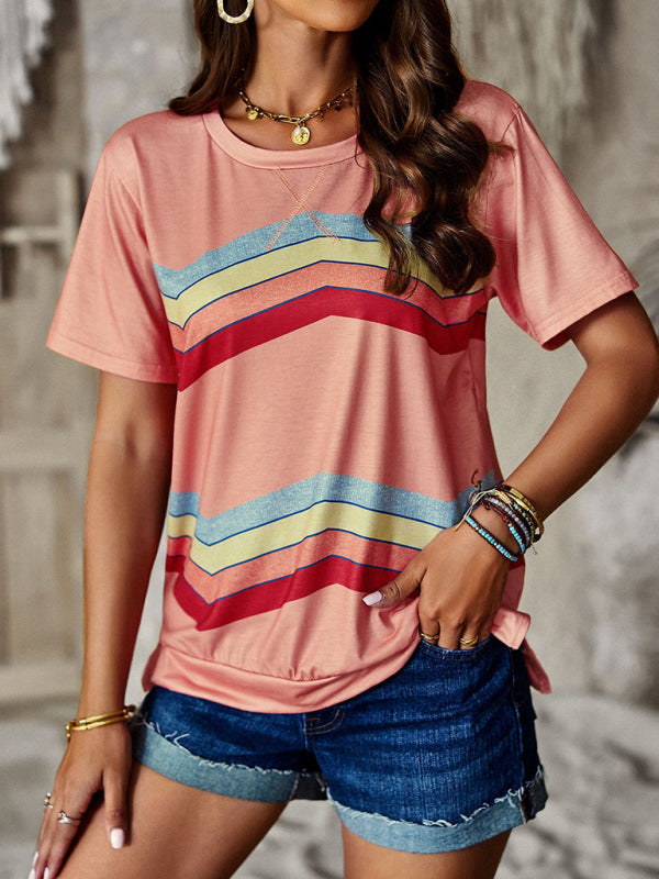 Joanna New Round Neck T-Shirt Rainbow Strip Top