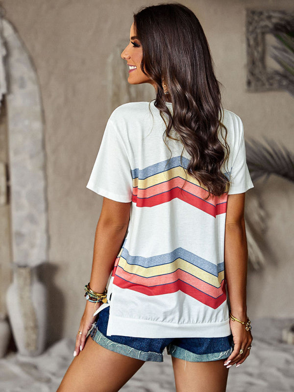 Joanna New Round Neck T-Shirt Rainbow Strip Top