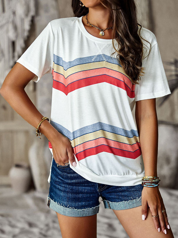 Joanna New Round Neck T-Shirt Rainbow Strip Top