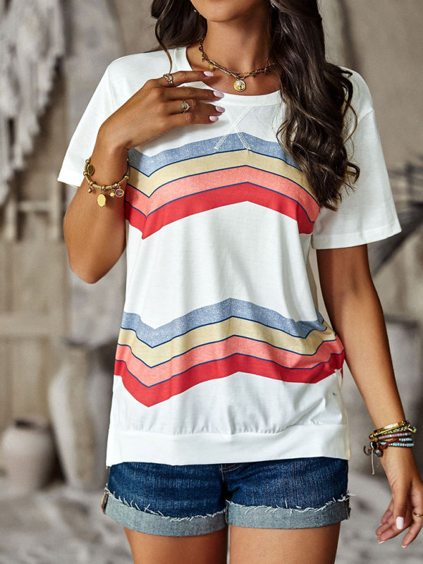 Joanna New Round Neck T-Shirt Rainbow Strip Top