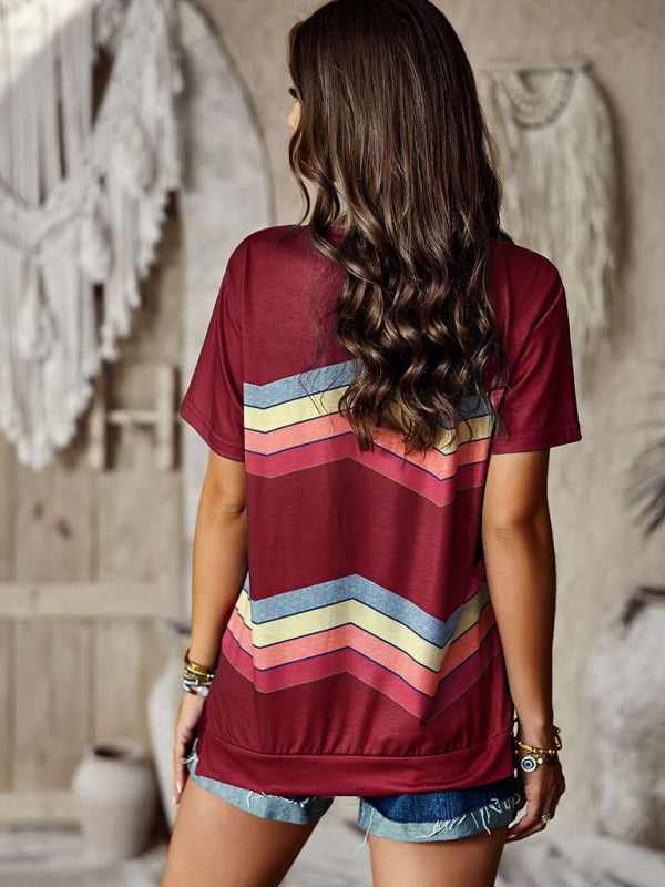 Joanna New Round Neck T-Shirt Rainbow Strip Top