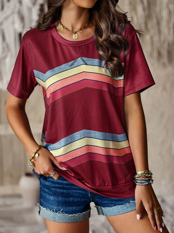 Joanna New Round Neck T-Shirt Rainbow Strip Top