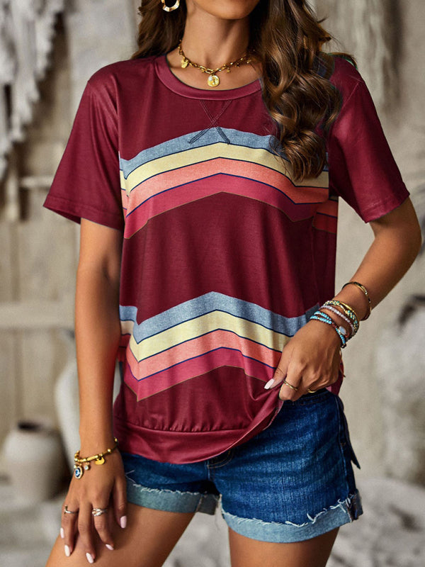 Joanna New Round Neck T-Shirt Rainbow Strip Top